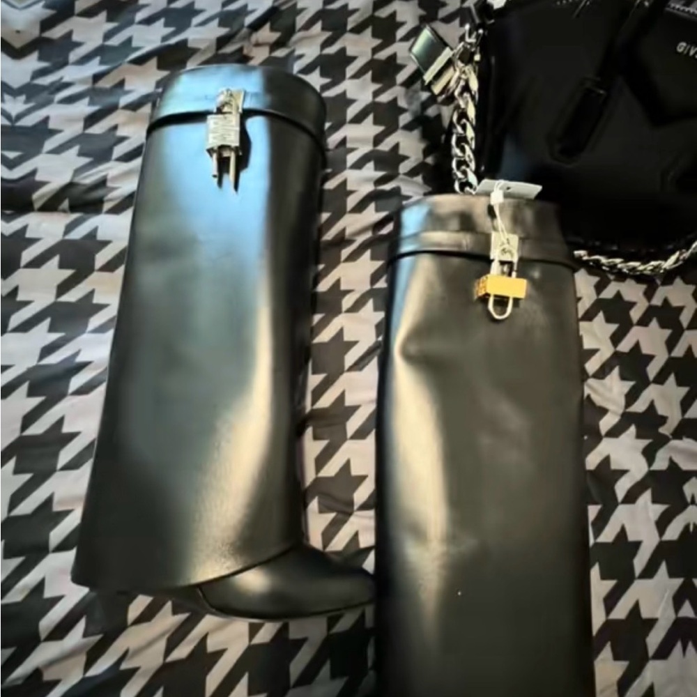 Givenchy Black Leather Over-the-Knee Boots with Gold Padlock Accent